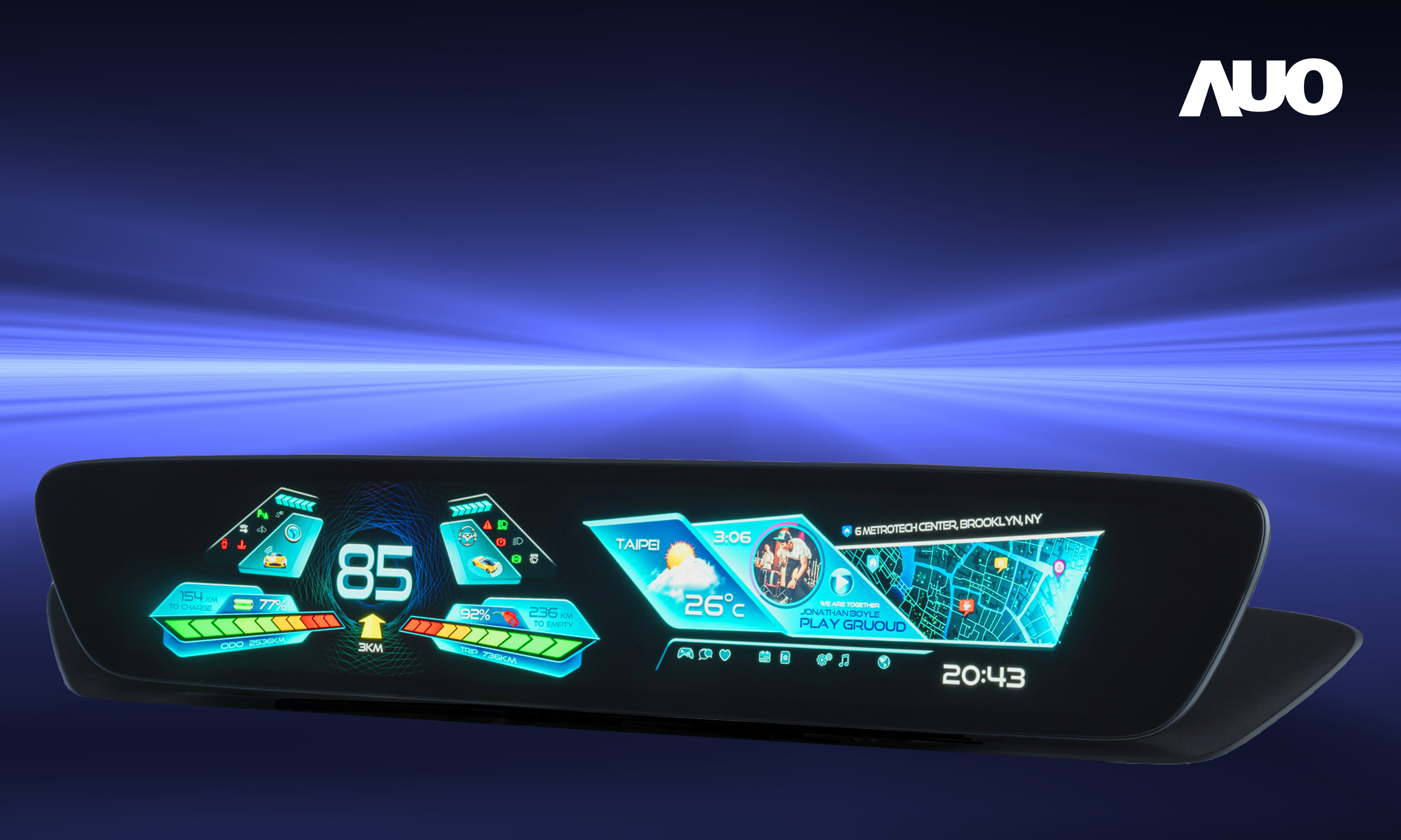 友達30.4吋異形曲面AmLED車載顯示系統，為一兼具儀表板及中控台人機介面的創新車載顯示系統，結合美學設計，提升車內科技沉浸感及使用體驗，讓車載顯示的未來應用更加多元化