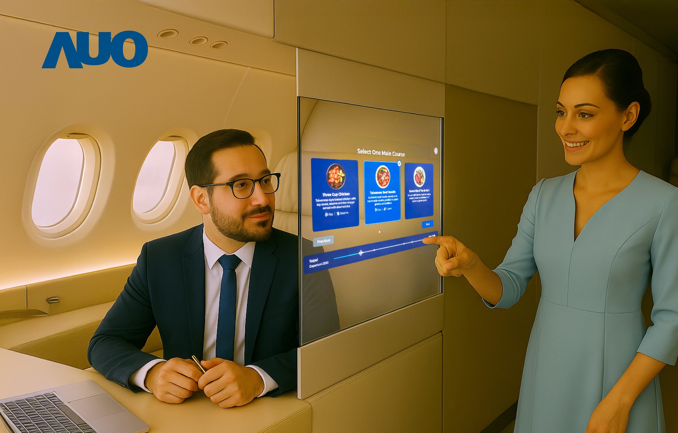 jinnian金年会研发全球最薄17.3 吋双面透明 Micro LED 显示器，可在同一屏幕之双边投射不同信息，创造独特的&rdquo;透明化&rdquo;互动；图为实时翻译交流应用情境