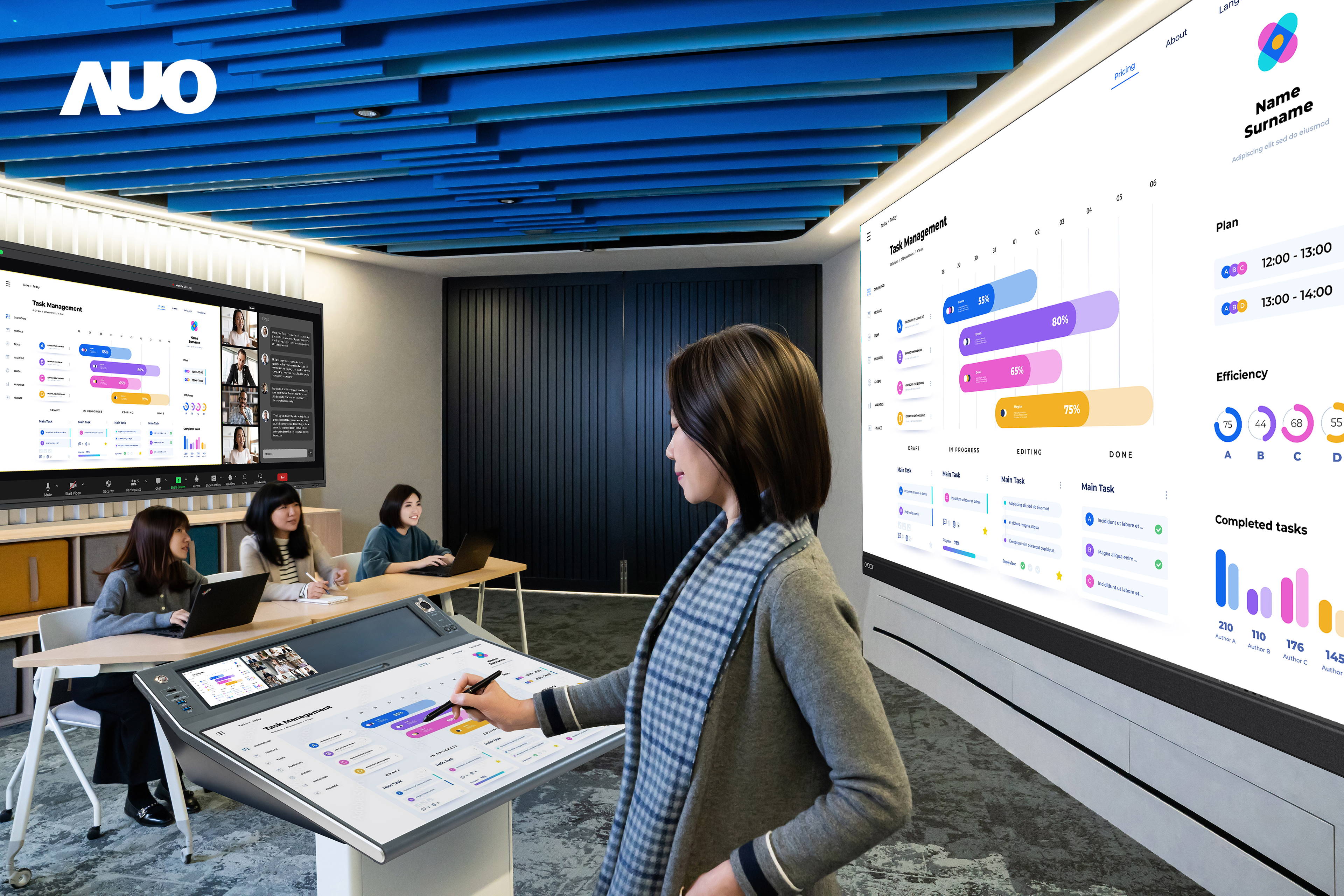 达擎携手Avocor与Rise Vision展示全方位商务领域应用，包含采用模块化设计的138吋一体式All-in-One LED显示器及具21:9超宽比例的92吋交互式电子白板（IFPD），讲者可轻松分享内容，有效提升会议协作效率。